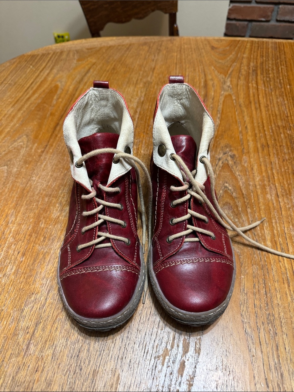 Women's Burgundy Lace-Up Ankle Booties with Cream Collar